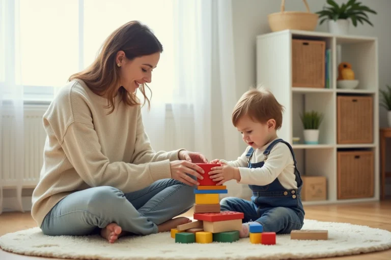 Femme adulte et jeune enfant jouant ensemble avec des blocs en bois colorés sur un plancher en chêne dans un salon scandinave chaleureux