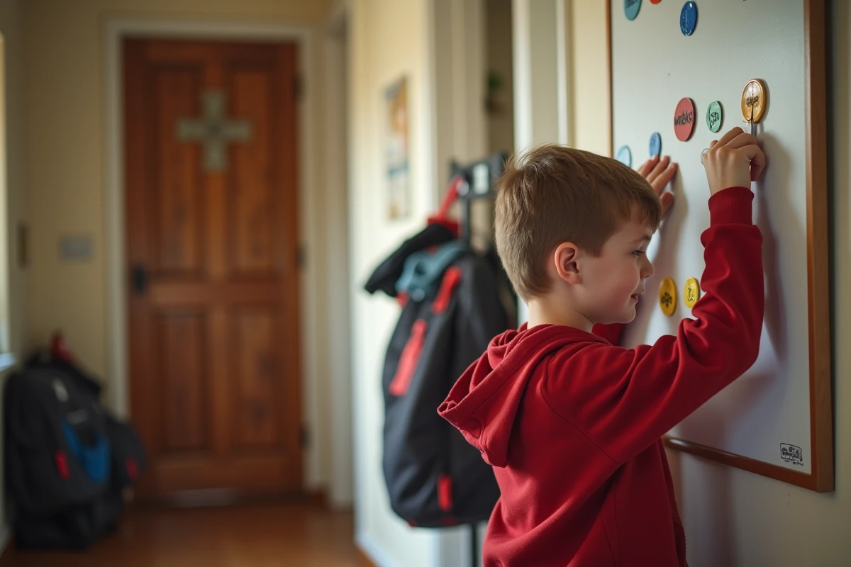 Adolescent plaçant des magnets sur un calendrier mural