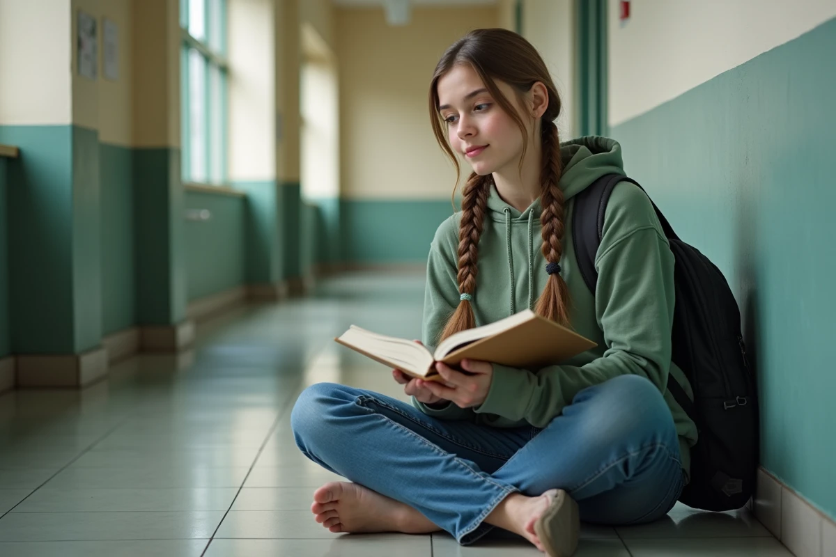 Adolescente révisant ses cours dans un couloir scolaire avec concentration et confiance en elle