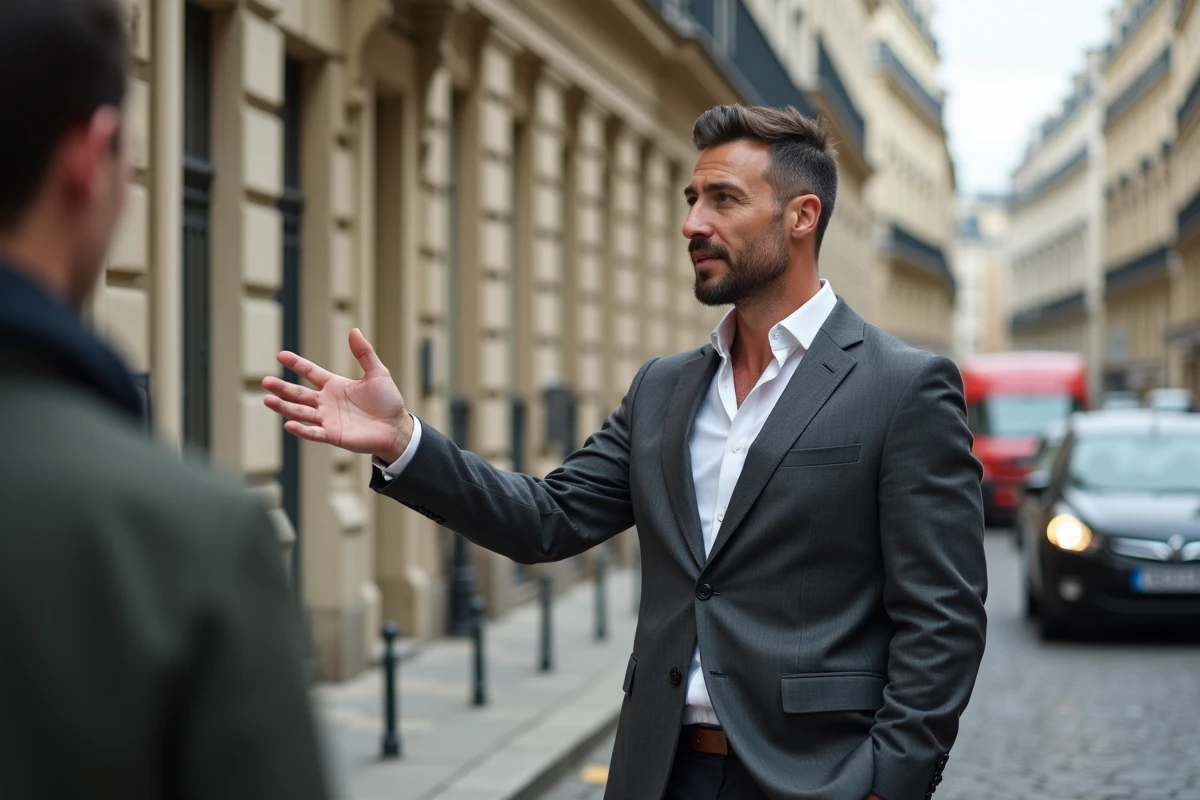 Agent immobilier présentant un immeuble haussmannien à Paris à un potentiel acheteur dans la rue