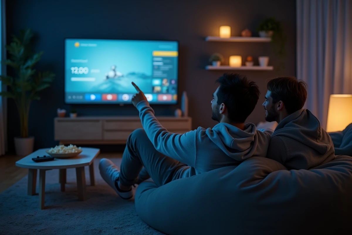 Deux amis devant un téléviseur affichant une bibliothèque de films et une barre de téléchargement dans un salon convivial