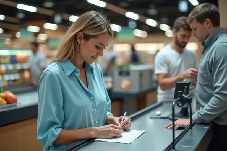 Femme écrivant un chèque différé à la caisse d'un hypermarché Cora lors de ses courses