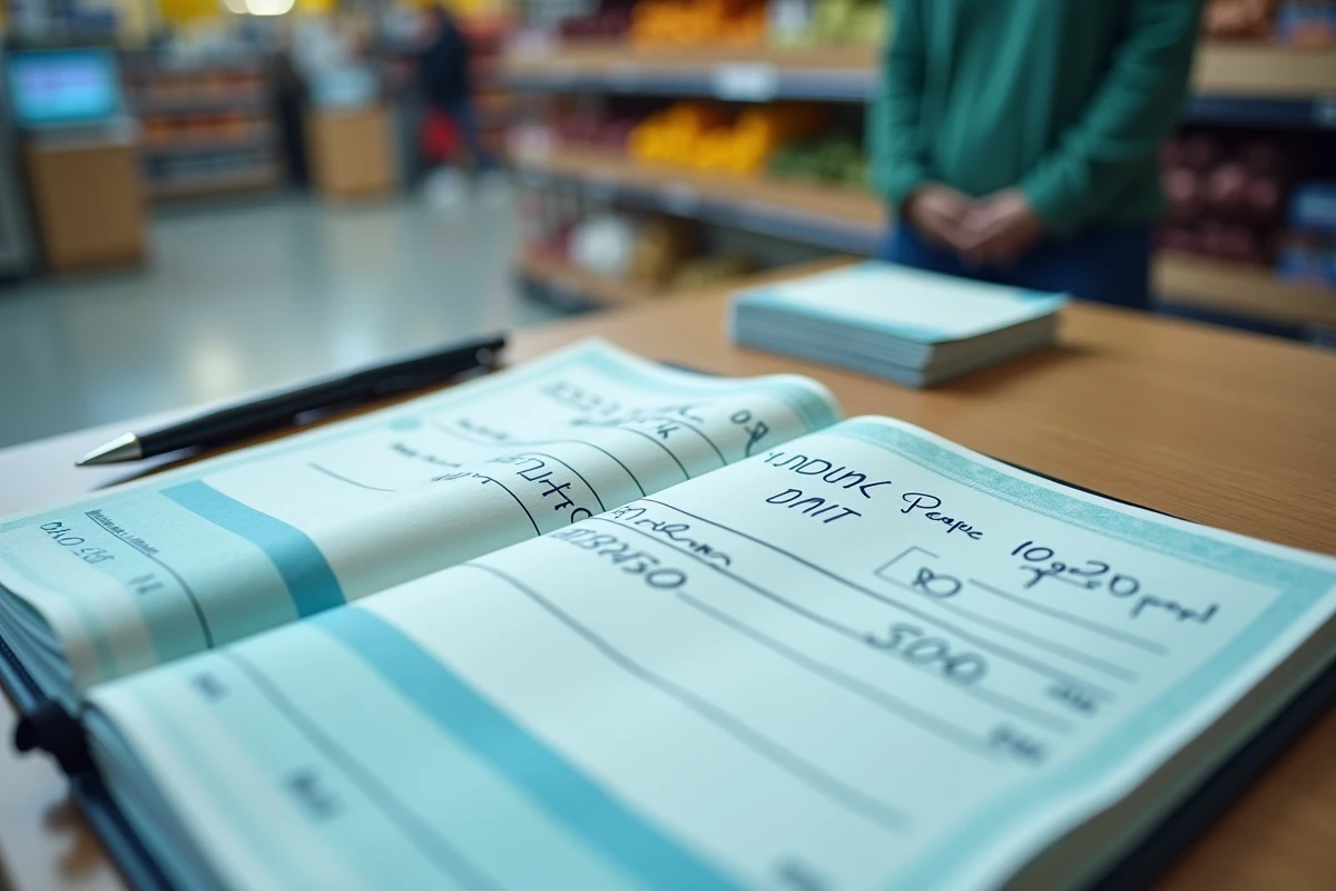 Chéquier ouvert avec chèque différé daté posé sur un comptoir de service client de supermarché