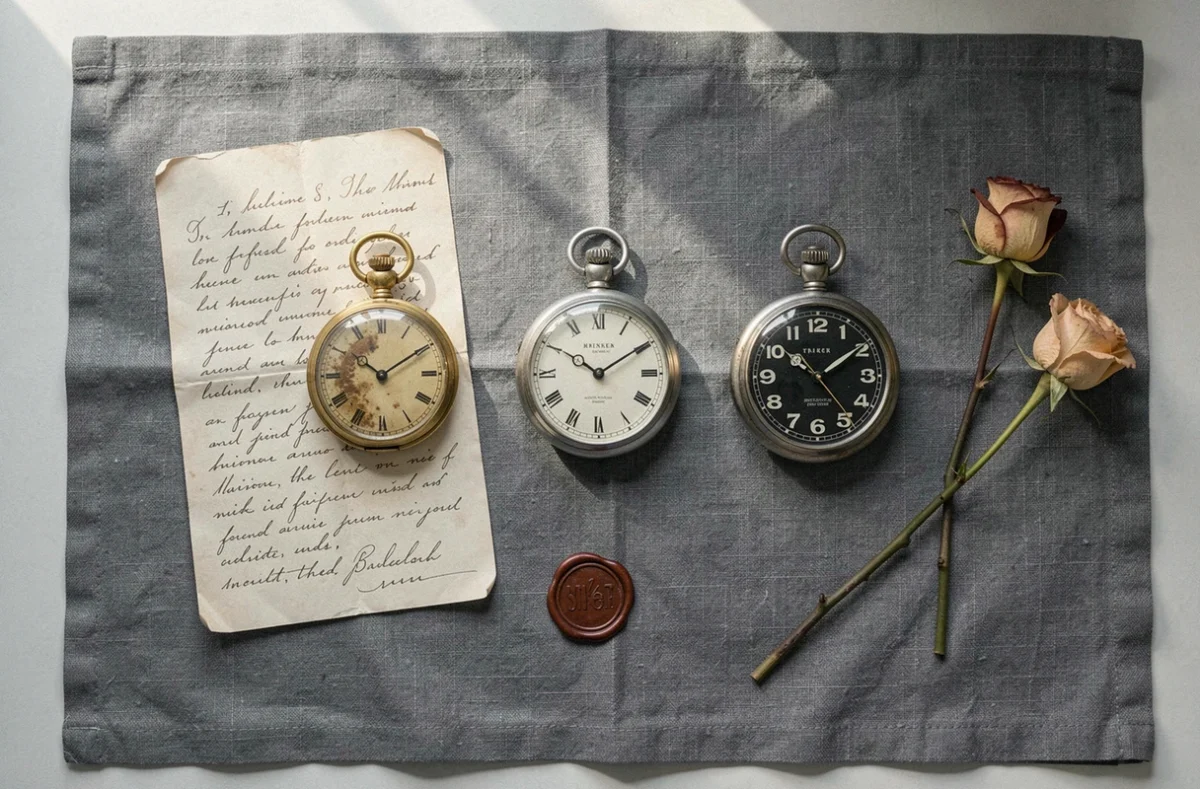 Flat lay de trois montres de poche vintage sur lin gris avec lettre manuscrite, tampon à cire et rose séchée, vue de dessus