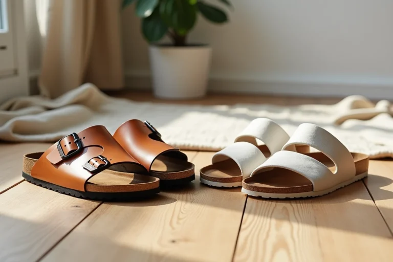 Comparaison côte à côte de sandales style Birkenstock en liège et sandales minimalistes en toile posées sur un parquet en chêne