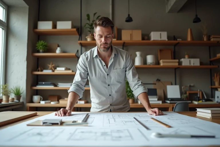 Architecte étudiant des plans géométriques et des modèles 3D dans un atelier moderne, symbolisant les notions de dimensions