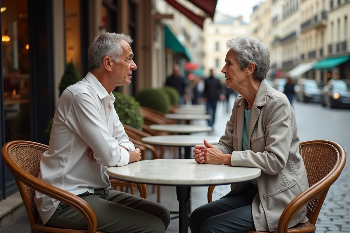 Deux personnes d'âge mûr en conversation sérieuse à une terrasse de café parisien, atmosphère de confidence et de préoccupation discrète