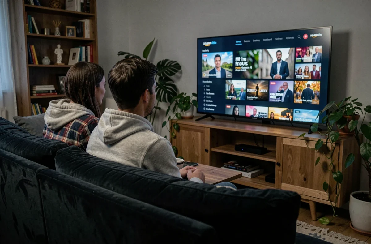 Couple regardant Amazon Prime Video ensemble dans leur salon le week-end