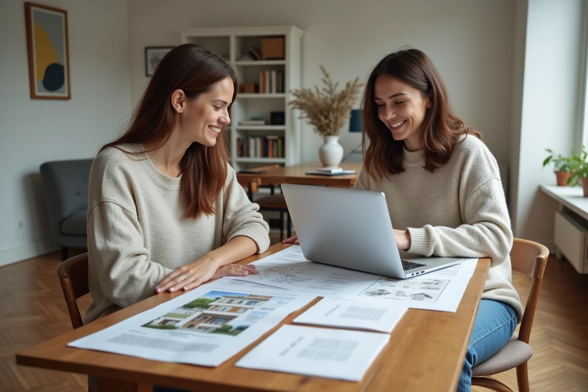Couple examinant des documents immobiliers et un ordinateur portable pour préparer un projet d'achat immobilier