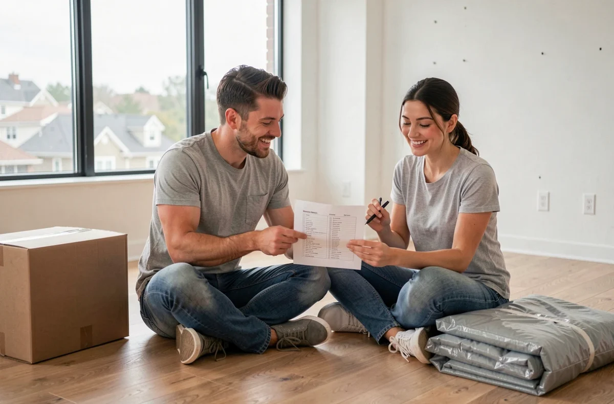 Couple vérifiant une liste de contrôle de déménagement assis sur le sol de leur nouvel appartement vide avec des cartons