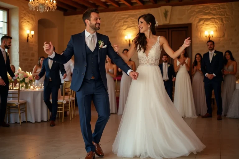 Couple de mariés dansant le Madison avec leurs invités dans un château lors d'une réception de mariage festive