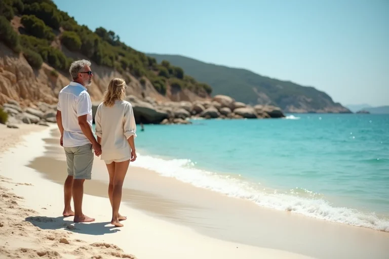 Couple en vacances sur une plage de sable blanc en Corse avec eaux turquoise et rochers de granit