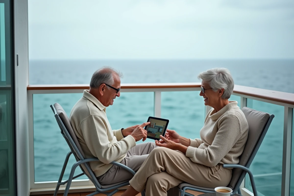 Couple regardant du contenu télévisé sur tablette sur le balcon d'un bateau de croisière