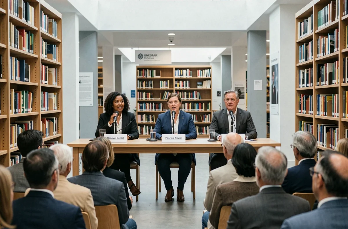 Table ronde dans une bibliothèque moderne réunissant des intervenants croyants et non-croyants lors d'un débat public