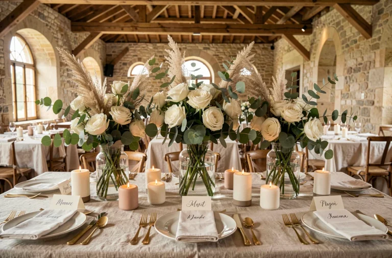 Centre de table mariage élégant avec roses blanches, feuilles d'eucalyptus et herbes de pampa dans un château en pierre
