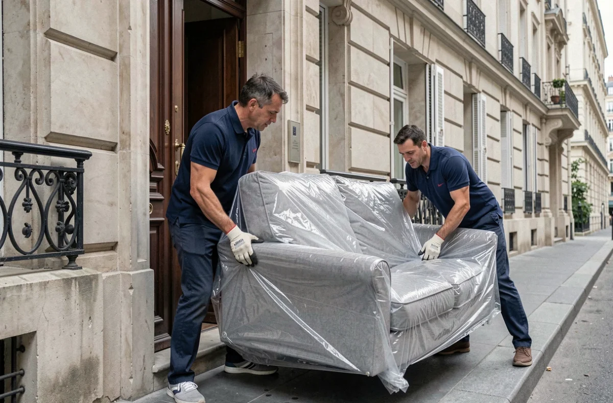 Deux déménageurs professionnels portant un canapé emballé à travers l'entrée d'un immeuble parisien de style haussmannien