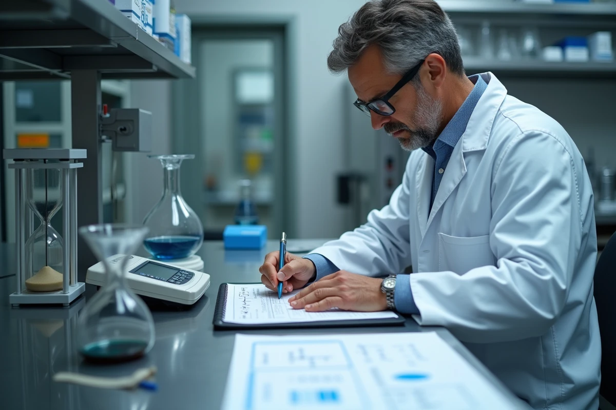 Physicien notant des formules de dimensions physiques entouré d'instruments de mesure de masse, longueur et temps en laboratoire