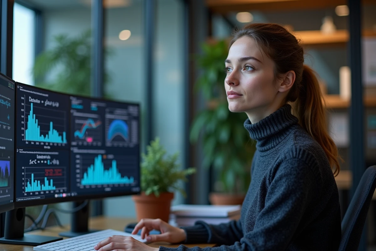 Chercheuse en data science analysant des visualisations multidimensionnelles abstraites sur plusieurs écrans dans un bureau moderne