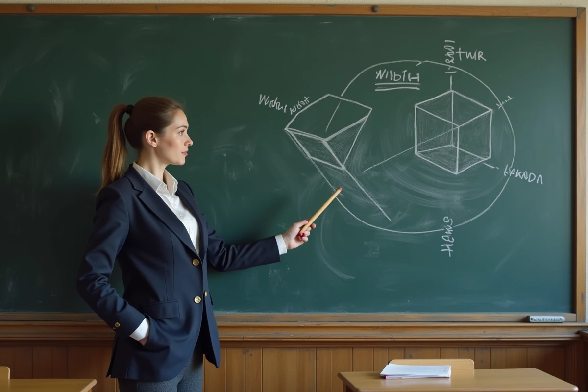 Enseignante en géométrie pointant des axes de largeur, hauteur et profondeur dessinés sur un tableau noir en salle de classe