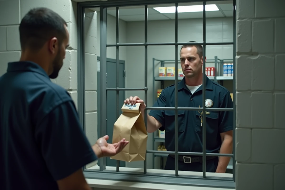 Agent pénitentiaire distribuant un sac de cantine à un détenu au guichet de distribution en prison
