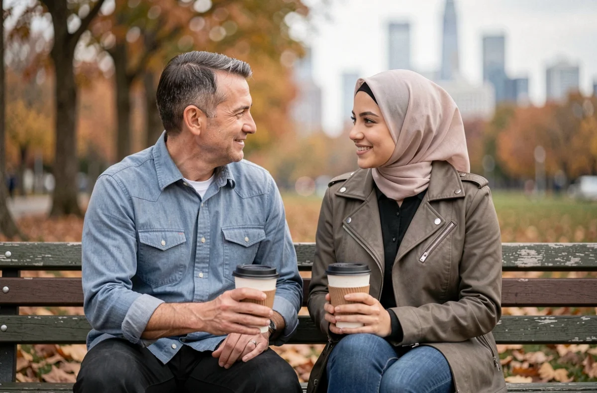 Un homme et une femme portant un hijab engagés dans une conversation bienveillante sur un banc de parc en automne