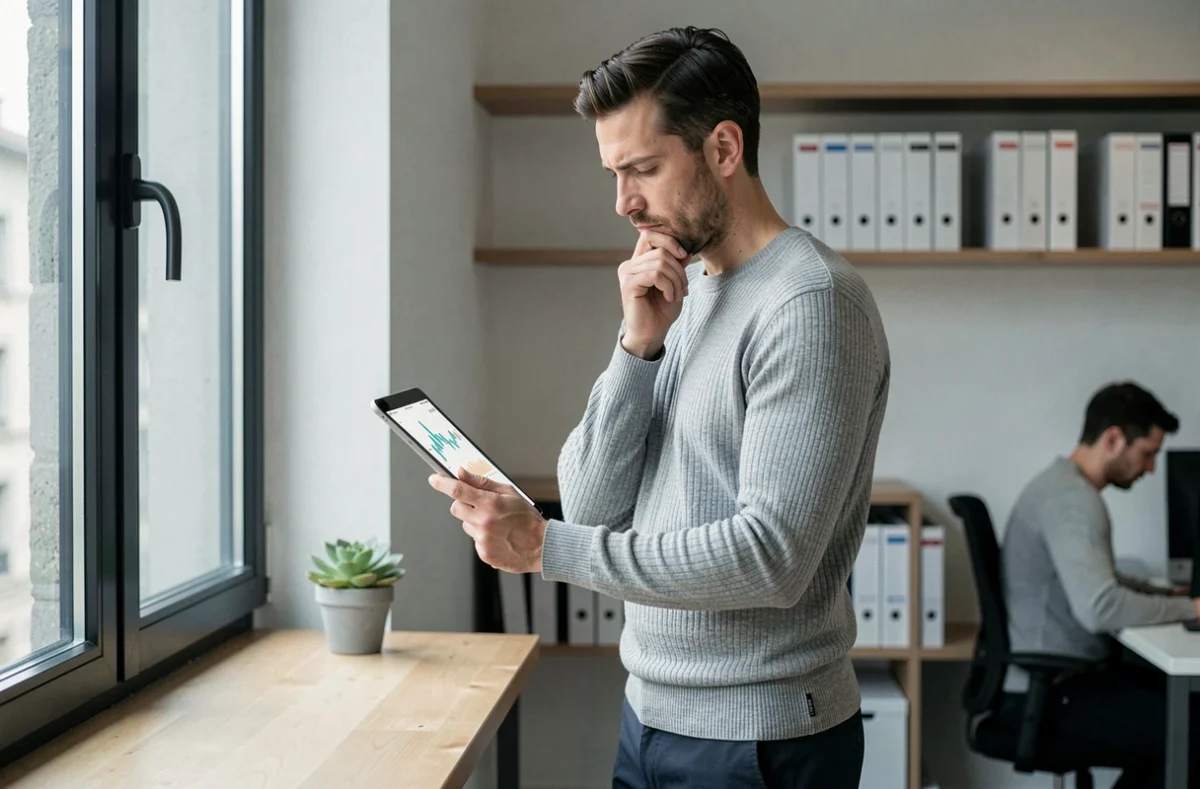 Entrepreneur suisse debout à son bureau avec une tablette affichant des projections financières dans un bureau startup minimaliste à Genève