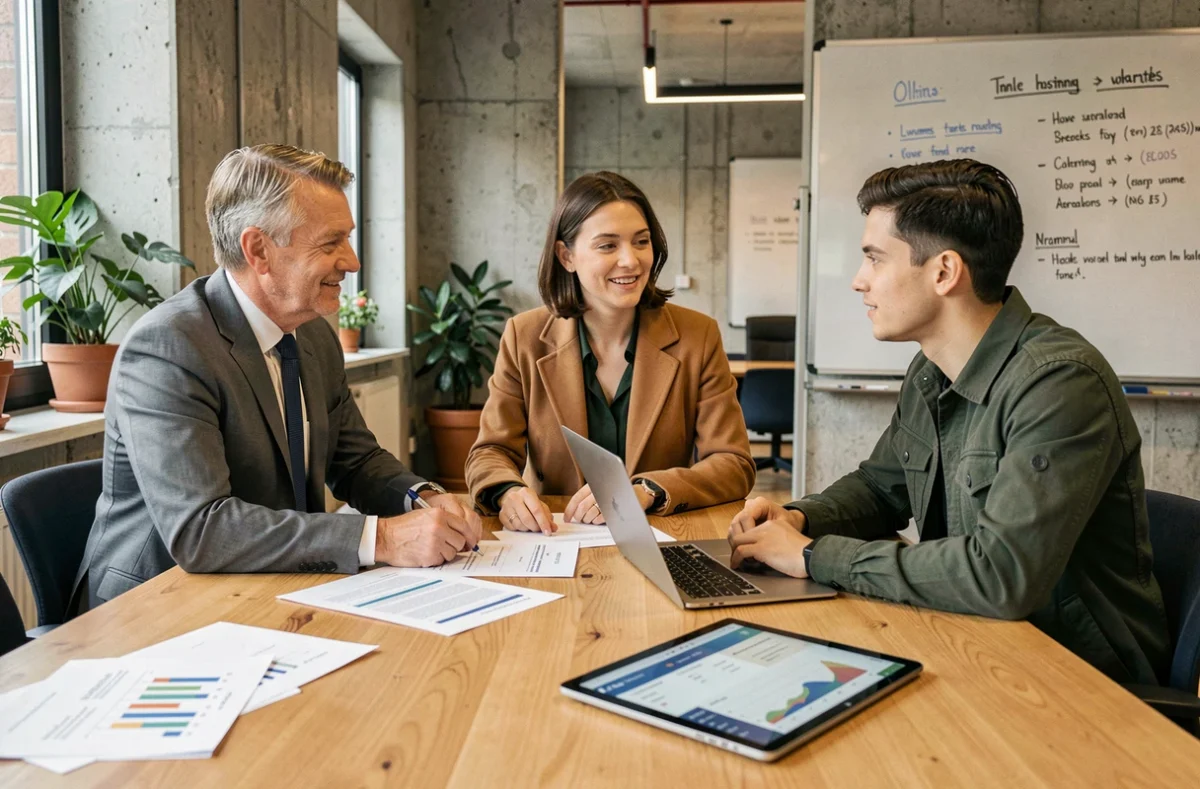 Équipe professionnelle diversifiée collaborant autour d'une table de conférence dans un espace coworking suisse moderne