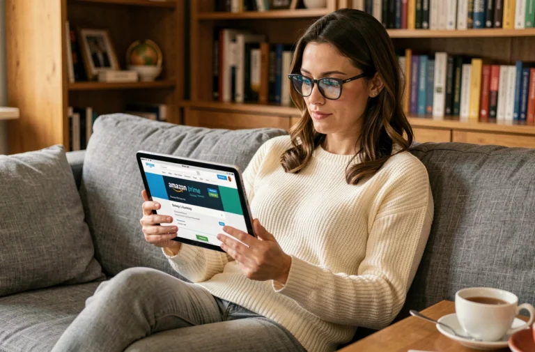 Femme abonnée Amazon Prime naviguant sur sa tablette depuis son salon confortable