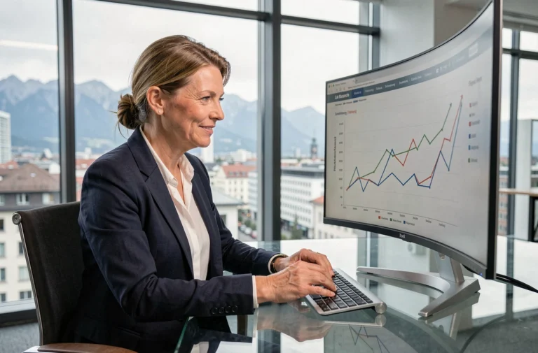 Femme d'affaires professionnelle analysant des graphiques de croissance dans un bureau moderne à Zurich, Suisse