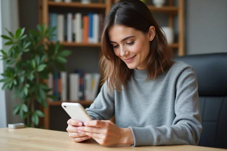 Femme utilisant une application de suivi de biens Rabbit Finder sur son smartphone depuis son bureau à domicile