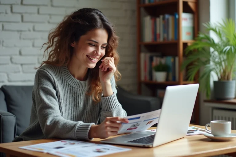 Femme comparant des codes promo Pixmania sur son ordinateur portable dans un bureau à domicile