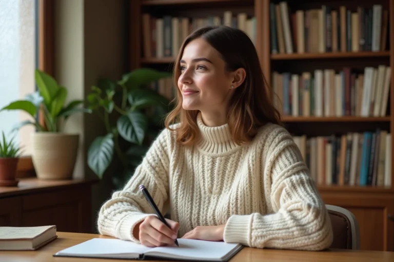 Jeune femme confiante écrivant dans un journal personnel à son bureau en bois, illustrant la confiance en soi