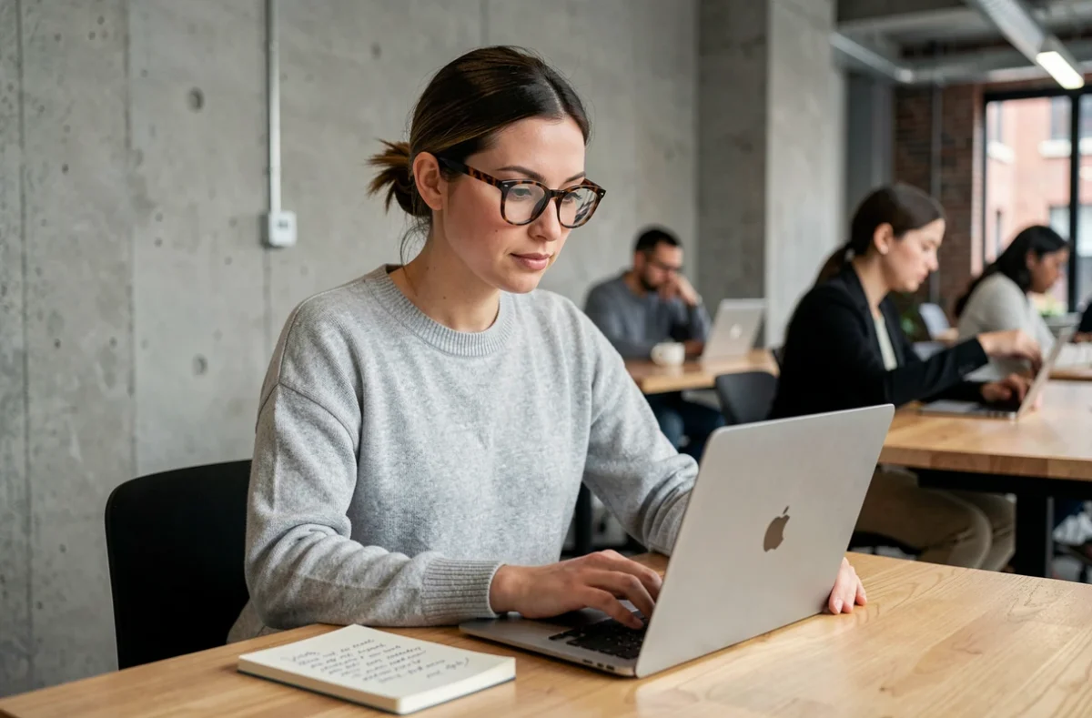 Femme travaillant sur un site web dans un espace de coworking moderne, recherche sécurisée en ligne