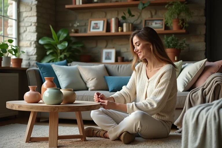 Femme arrangeant des vases en céramique dans un salon chaleureux