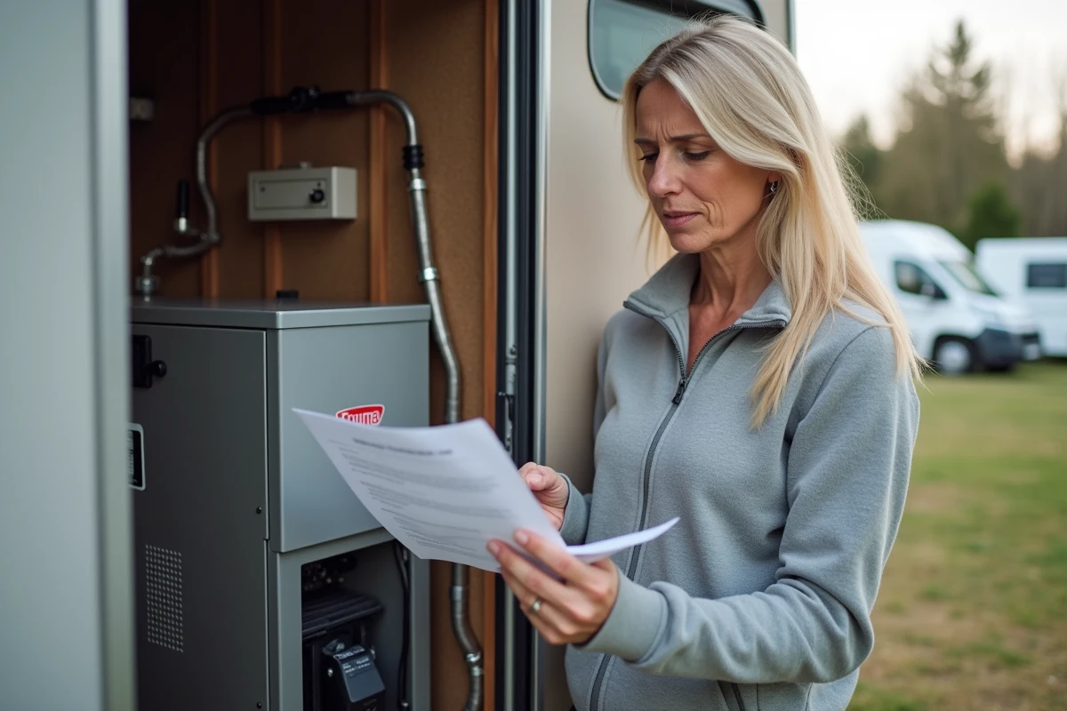 Femme consultant un guide de dépannage devant le système de chauffage Truma d'un camping-car