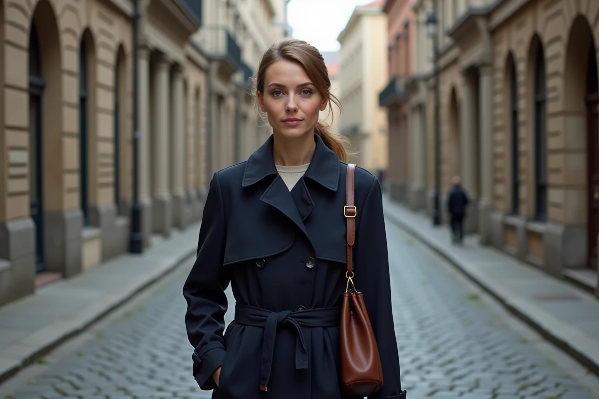Femme distinguée marchant dans une rue parisienne, trench coat marine, allure discrète et assurée dans un environnement urbain chic