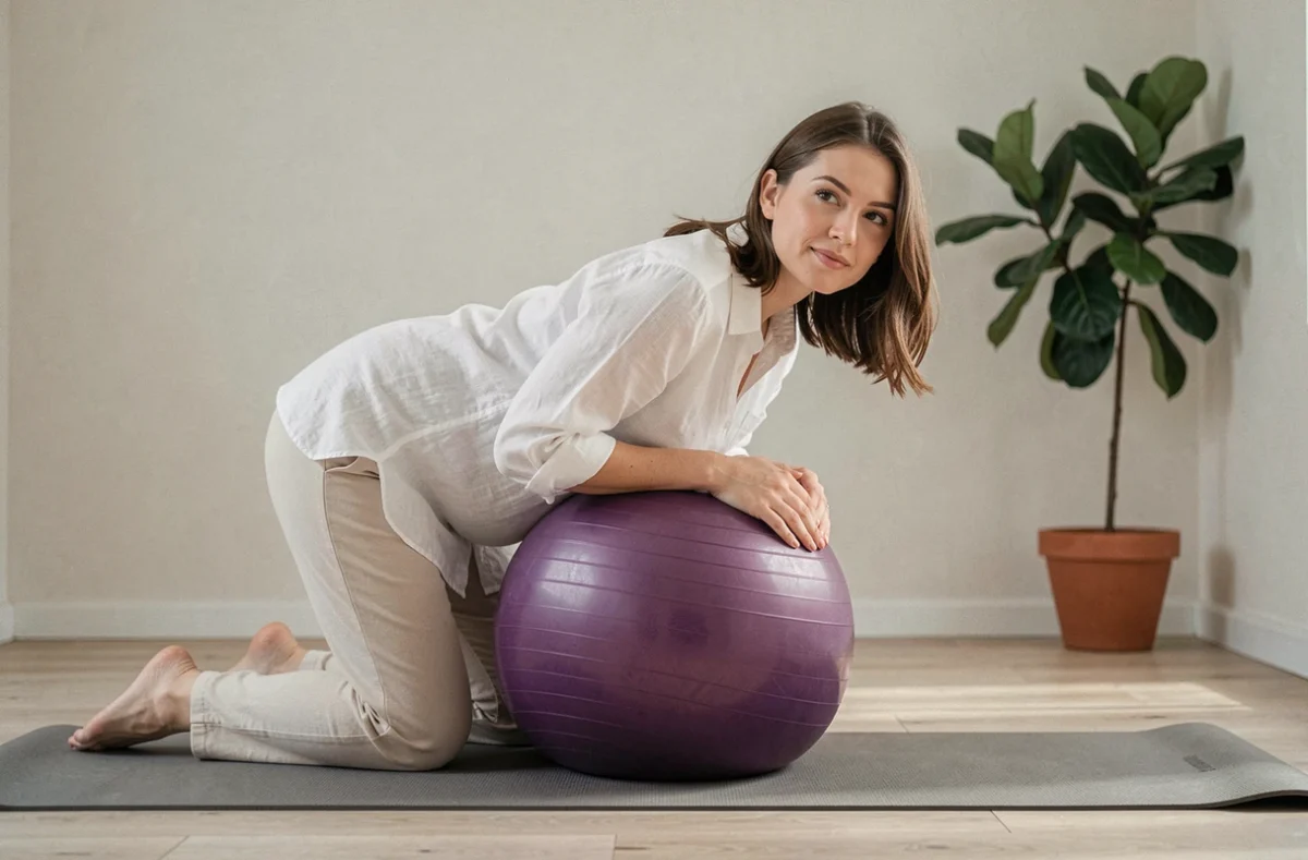Femme enceinte de petite taille appuyée sur un ballon d'accouchement violet sur un tapis de yoga à la maison