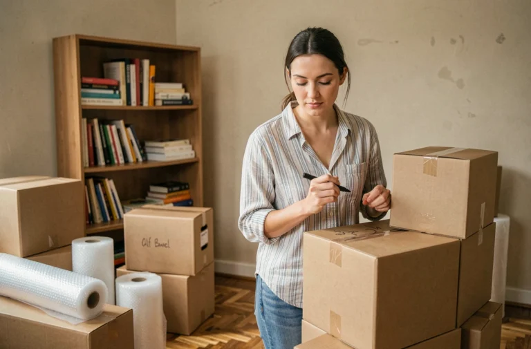 Femme en train d'étiqueter des cartons de déménagement dans un salon en cours de désemballage, organisation étape par étape