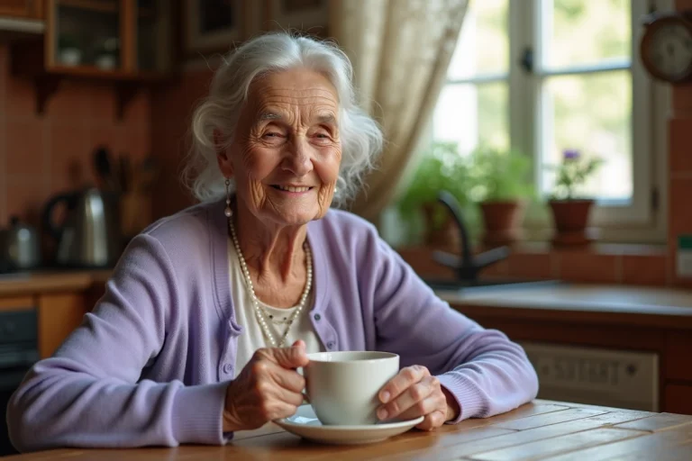 Femme française de 90 ans assise à une table de cuisine en bois avec une tasse de thé, illustrant la longévité en France