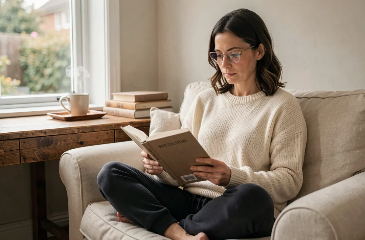 Femme lisant un livre bien-être dans un coin cosy à la maison, parentalité et sérénité