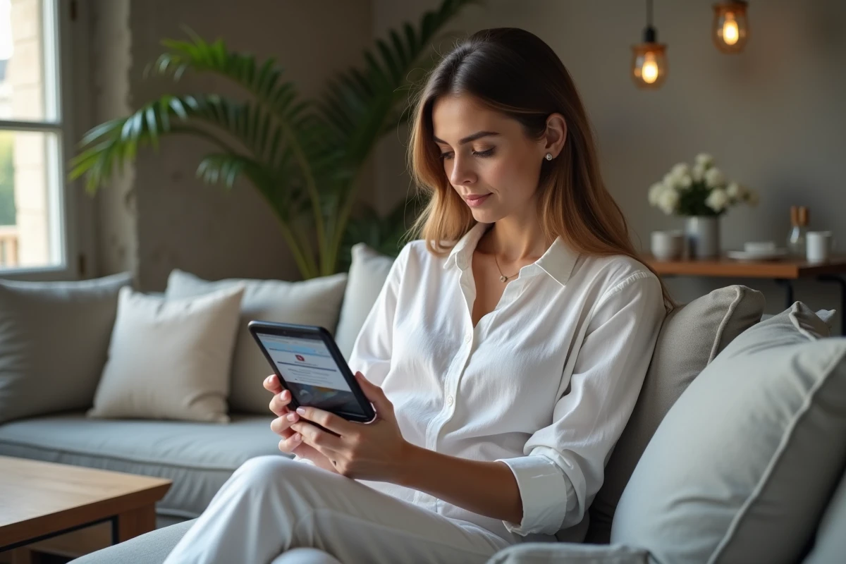 Femme consultant les paramètres DNS sur une tablette pour résoudre un blocage de site web en France