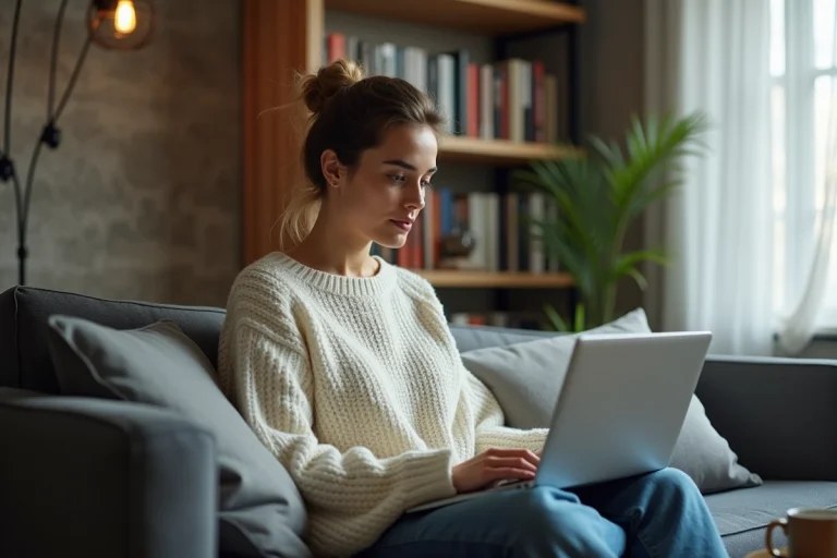 Jeune femme en pull ample téléchargeant des films sur son ordinateur portable dans un appartement moderne et cosy