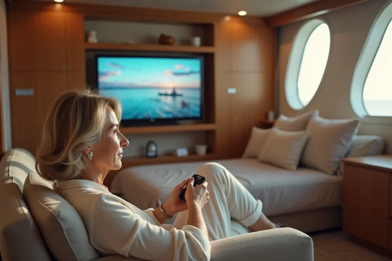 Femme regardant la télévision dans une cabine de croisière moderne avec hublot donnant sur la mer