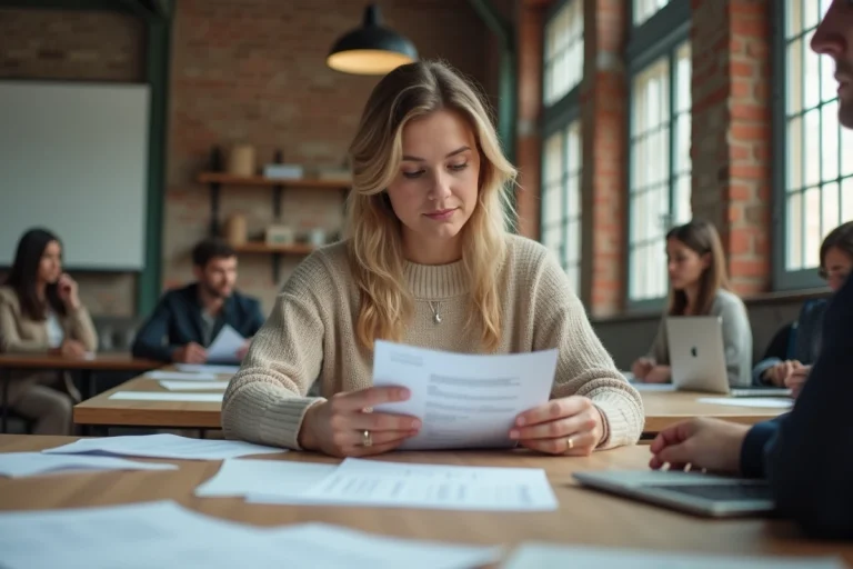 Femme lisant des documents dans un atelier lumineux
