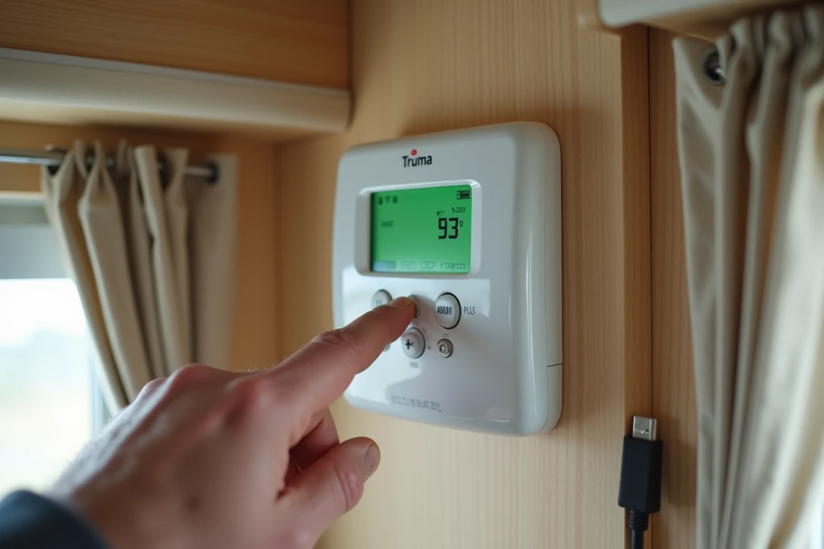 Gros plan sur l'écran du thermostat Truma CP Plus affichant un code erreur dans un van aménagé