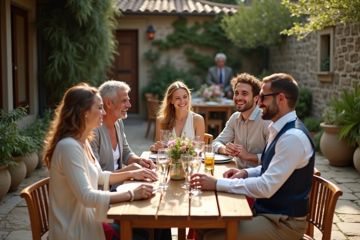 Couple de mariés et amis lors d’un repas en plein air