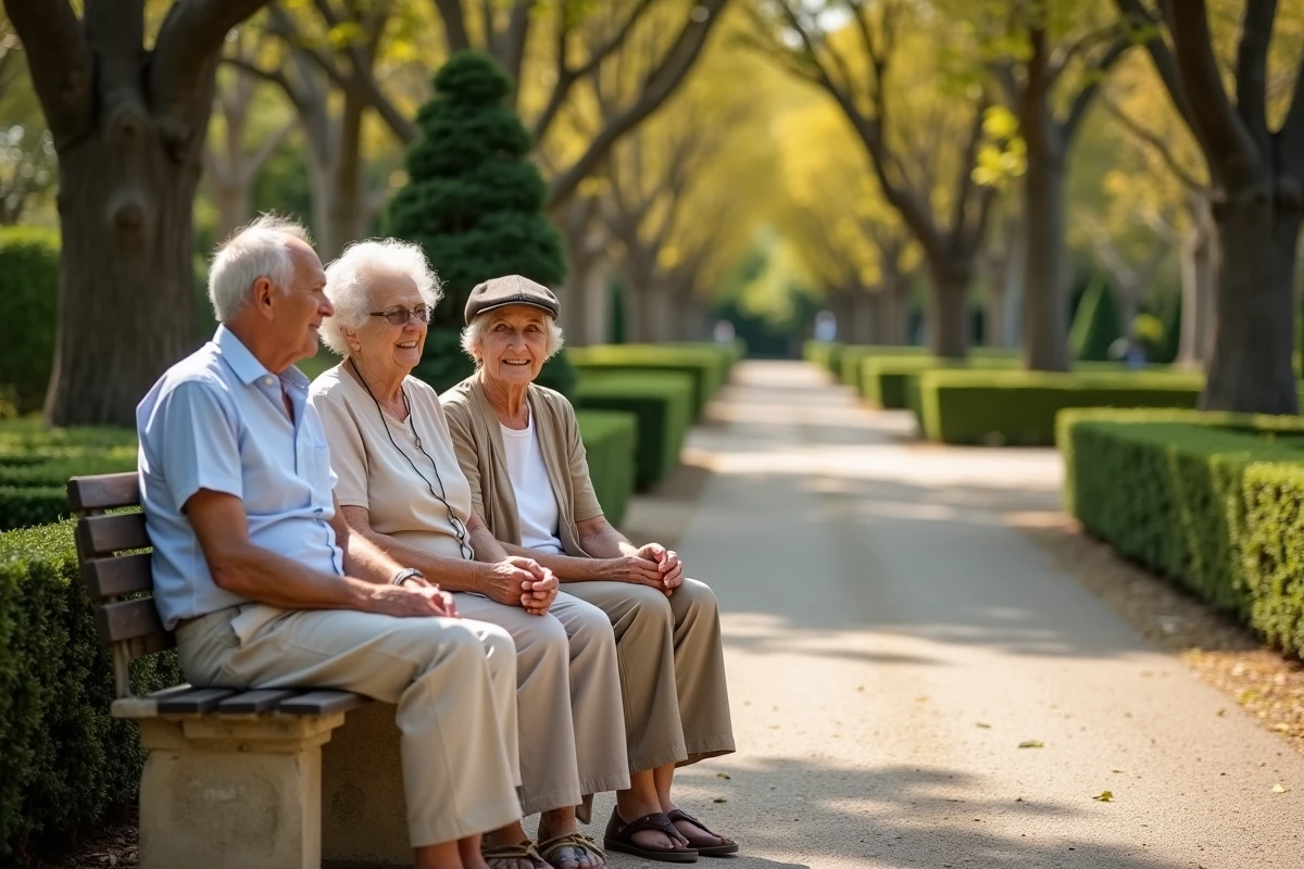 Groupe de personnes âgées de plus de 85 ans conversant sur un banc dans un jardin public français en automne