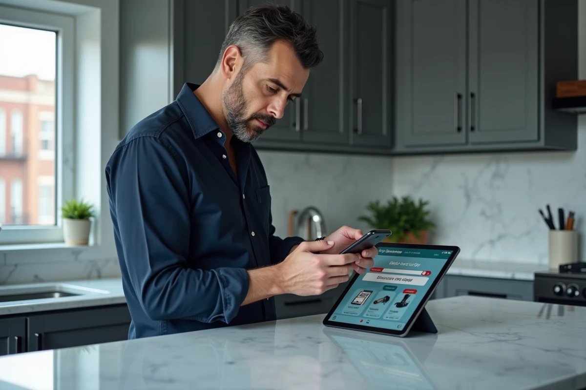 Homme utilisant un code promo Pixmania sur smartphone lors d'un achat en ligne d'appareils électroniques