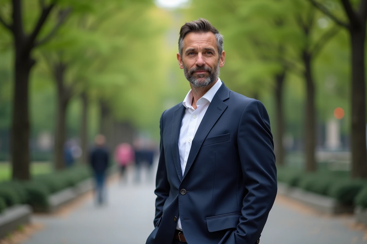 Homme en blazer marine exprimant une attitude assurée dans un parc urbain, symbolisant la confiance en soi