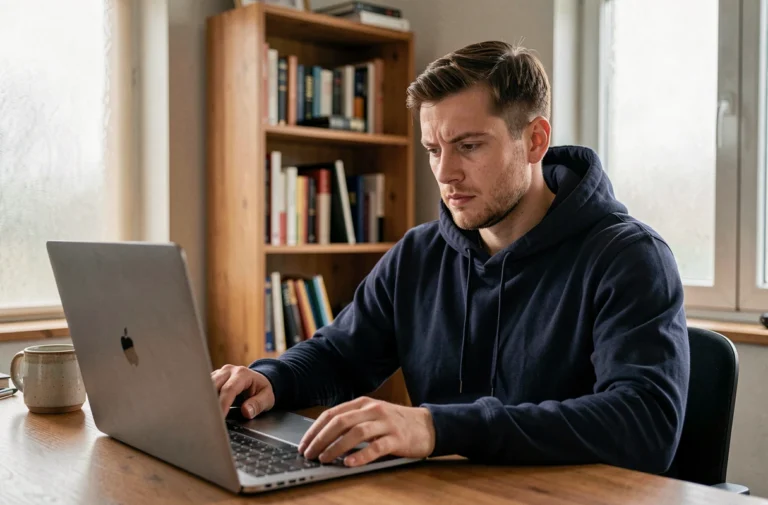 Homme consultant le site Nokraf sur un ordinateur portable dans un bureau à domicile en 2026